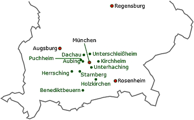 Schematische Landkarte des südlichen Bayern mit Ortsnamen unserer Therapie-Einrichtungen